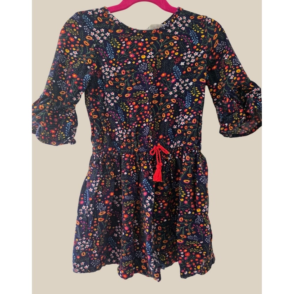 Beebay Girls Floral Ruffle Sleeve Dress Navy Blue Wildflower Print Size 5 Yrs